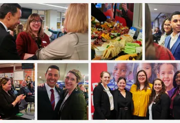 A collage of seven photos of people mingling in the Taggart Family YMCA lobby