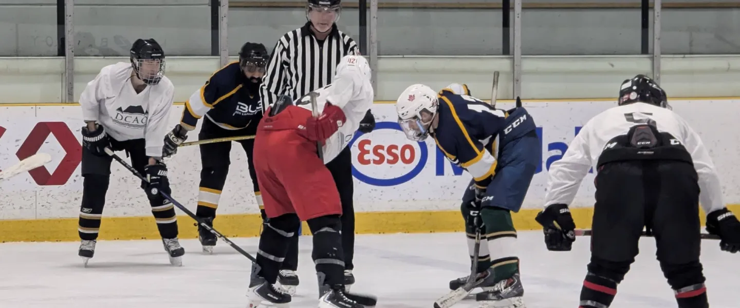 Two hockey teams about the face off on the ice
