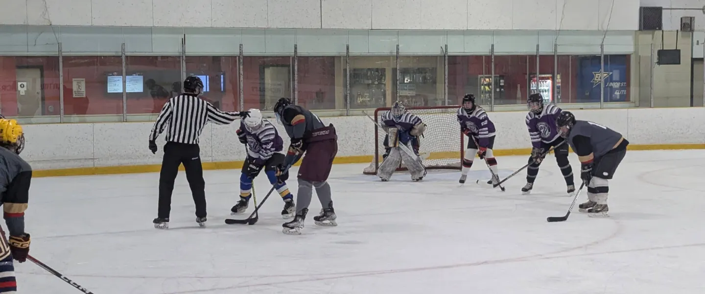 Two hockey teams about to face off on the ice