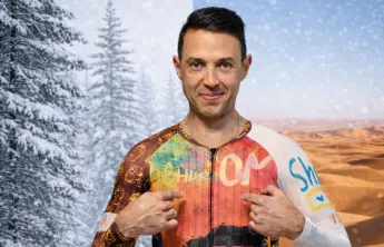 Morgan Bello wearing YMCA-themed biking attire. His photo is edited onto a background that is split between a Canadian Winter and a Moroccan desert.