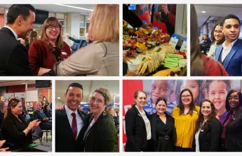 A collage of seven photos of people mingling in the Taggart Family YMCA lobby