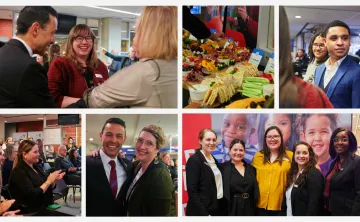 A collage of seven photos of people mingling in the Taggart Family YMCA lobby